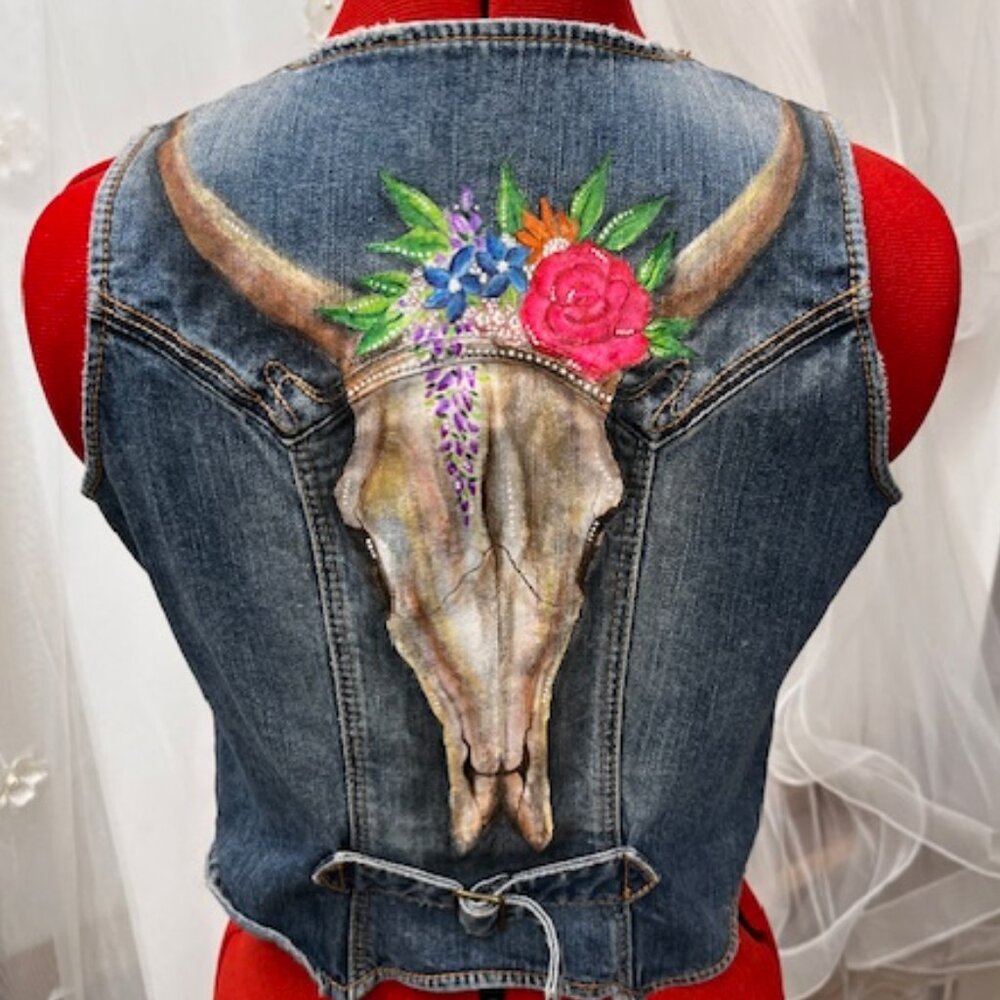 PRICE DROP: Silver Jeans Denim Vest - Hand Painted Original - "Bovine Roses" - M